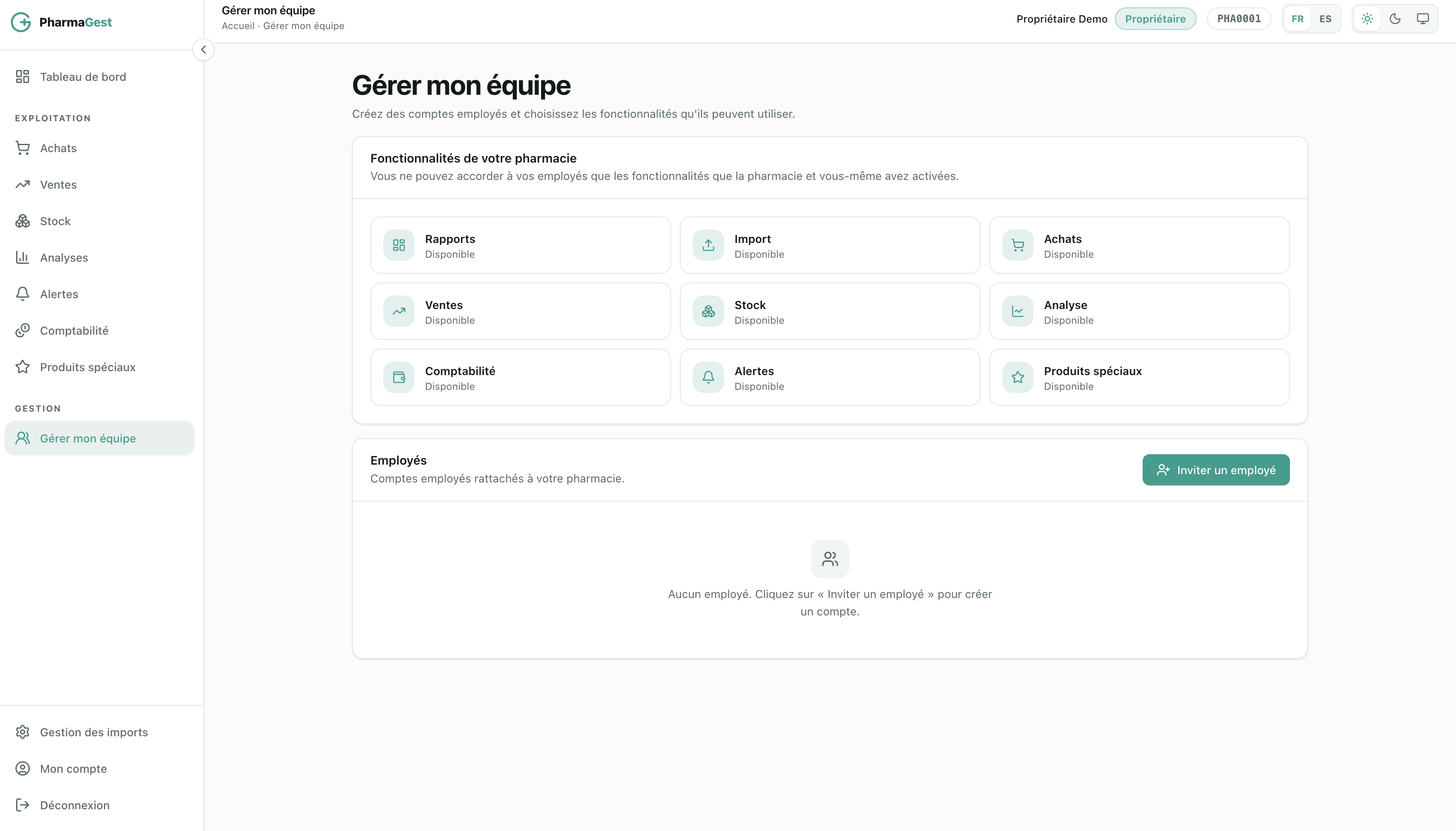 Écran Gestion d'équipe PharmaGest avec rôles, accès et modules disponibles